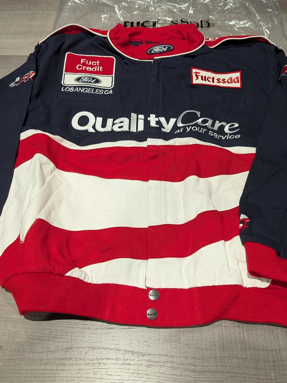 Fuct x SSDD Racing Style 'Quality Care' Logo Jacket - Red, White & Navy